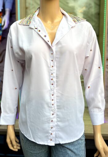 White Amazigh-Inspired Shirt with Embroidered Collar & Details