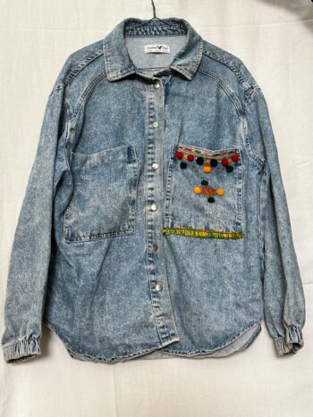 Amazigh-Inspired Denim Jacket – Hand-Embroidered with Berber Pom-Poms & Patterns