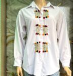 White Amazigh-Inspired Shirt – Hand-Embroidered Panels with Pom-Poms