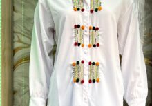 White Amazigh-Inspired Shirt – Hand-Embroidered Panels with Pom-Poms